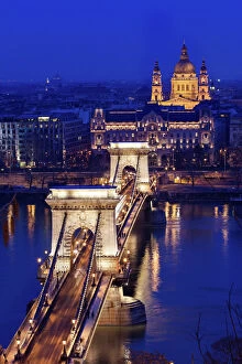 Budapest Gallery: Hungary, Budapest, Chain Bridge and Saint Stephens Basilica