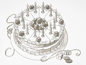 Iced birthday cake decorated with twelve candles and whole strawberries, elevated view Iced birthday cake decorated with twelve candles and whole strawberries, elevated view