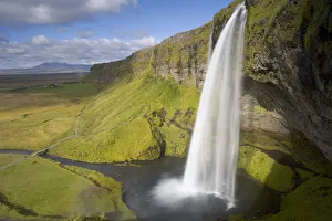 Iceland, Seljalandsfoss, waterfall, elevated view Iceland, Seljalandsfoss, waterfall, elevated view