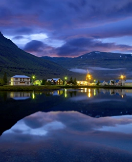 Iceland, Seydisfjordur harbor and houses, dusk Iceland, Seydisfjordur harbor and houses, dusk