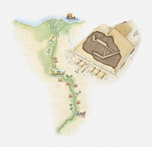 Illustrated map of Egypt showing position of pyramids and rock tombs along River Nile Illustrated map of Egypt showing position of pyramids and rock tombs along River Nile