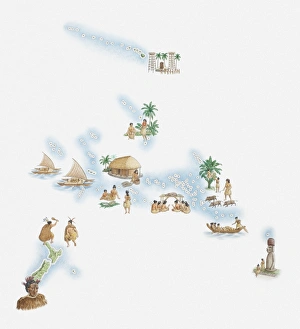 Illustrated map of New Zealand, Hawaiian Islands, Polynesian Islands and native population Illustrated map of New Zealand, Hawaiian Islands, Polynesian Islands and native population