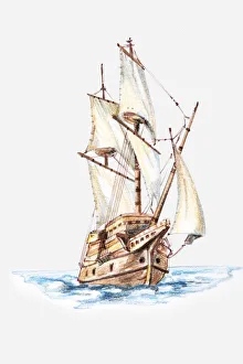 Illustration of 17th century galleon at sea Illustration of 17th century galleon at sea