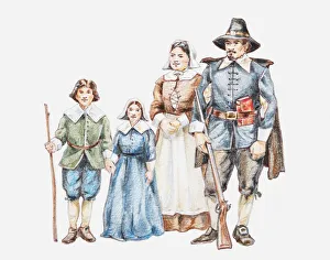 Illustration of 17th century pilgrim family Illustration of 17th century pilgrim family