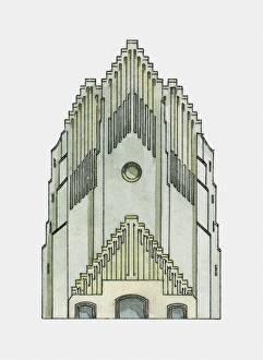 Illustration of 1920s expressionist facade of Grundtvig Church Illustration of 1920s expressionist facade of Grundtvig Church