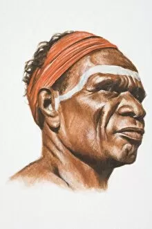 Australian Aborigine Gallery: Illustration, Aboriginal tribesman wearing red headband, profile