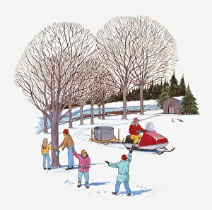 Illustration of adults and children using the natural resources snow and ice provide Illustration of adults and children using the natural resources snow and ice provide