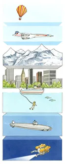 Illustration of air pressure on hot air balloon, supersonic aeroplane, mountain, city of skycrapers, and water pressure on deep-sea diver, submarine and deep sea research submersible Illustration of air pressure on hot air balloon, supersonic aeroplane, mountain, city of skycrapers, and water pressure on deep-sea diver, submarine and deep sea research submersible