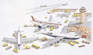 Illustration of airport passenger terminal, support services attending to grounded planes, control tower overlooking Illustration of airport passenger terminal, support services attending to grounded planes, control tower overlooking