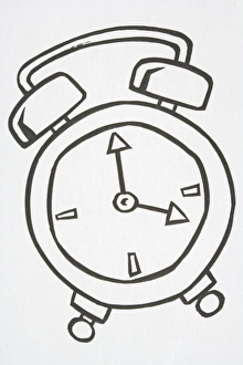 Illustration, alarm clock with handle and two bells on top, hands pointing to four o'clock Illustration, alarm clock with handle and two bells on top, hands pointing to four o'clock