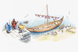 Illustration of one of Alfred the Great's ships moored on coastline to guard against Illustration of one of Alfred the Great's ships moored on coastline to guard against
