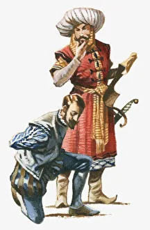 Illustration of Algerian corsair standing over Cervantes who is kneeling with hands tied behind back Illustration of Algerian corsair standing over Cervantes who is kneeling with hands tied behind back