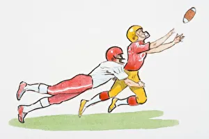 Illustration of American football player tackling opponent in mid-air as he reaches for Illustration of American football player tackling opponent in mid-air as he reaches for