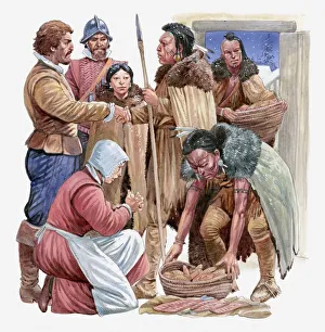 Illustration of American Indians giving English settlers baskets of food Illustration of American Indians giving English settlers baskets of food