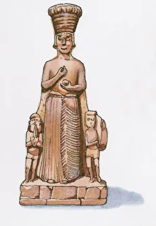 Illustration of Anatolian figurine flanked by two smaller figures playing harp and flute Illustration of Anatolian figurine flanked by two smaller figures playing harp and flute