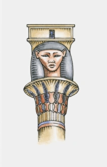 Illustration of ancient Egyptian capital depicting head of Hathor Illustration of ancient Egyptian capital depicting head of Hathor