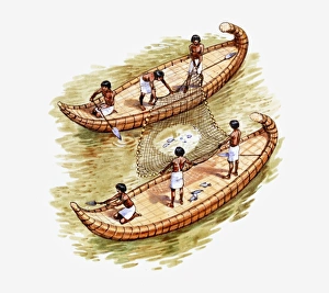 Illustration of two Ancient Egyptian fishing boats on the river Nile, side by side Illustration of two Ancient Egyptian fishing boats on the river Nile, side by side