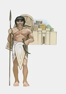 Illustration of ancient Egyptian soldier holding spear in front of building Illustration of ancient Egyptian soldier holding spear in front of building