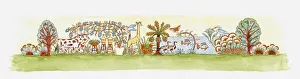 Illustration of ancient Egyptian wildlife and flora frieze Illustration of ancient Egyptian wildlife and flora frieze