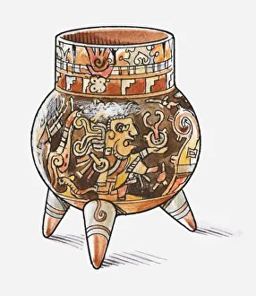 Illustration of ancient Latin American, bowl-shaped artefact, decorated with paintings Illustration of ancient Latin American, bowl-shaped artefact, decorated with paintings
