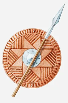 Illustration of Anglo Saxon ash spear and shied Illustration of Anglo Saxon ash spear and shied