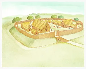 Illustration of Anglo-Saxon village surrounded by high wooden fence, and moat Illustration of Anglo-Saxon village surrounded by high wooden fence, and moat