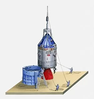 Illustration of Apollo 11 spacecraft being lifted into position