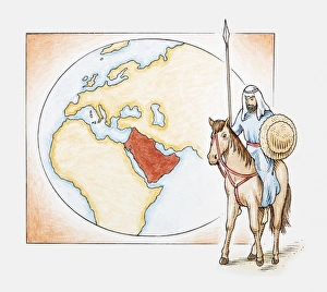 Illustration of an Arab man on horseback in front of a map of ancient Arabia Illustration of an Arab man on horseback in front of a map of ancient Arabia