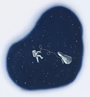 Illustration of astronaut floating in space attached to space vehicle