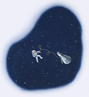Illustration of astronaut floating in space attached to space vehicle Illustration of astronaut floating in space attached to space vehicle