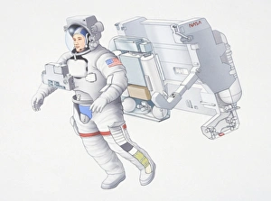 Illustration of Astronaut preparing for spacewalk, wearing spacesuit with American flag on sleeve Illustration of Astronaut preparing for spacewalk, wearing spacesuit with American flag on sleeve