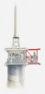 Saturn V Gallery: Illustration of astronauts entering Apollo 11 command module at the top of the Saturn V rocket