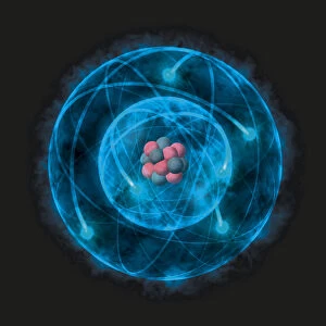 Illustration of atom with nucleus of protons and neurons, based on the Bohr model