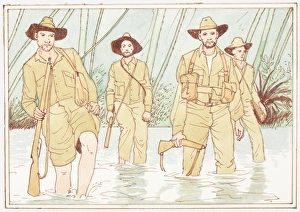 Illustration of Australian soldiers of the Pacific War during World War II wading through Illustration of Australian soldiers of the Pacific War during World War II wading through
