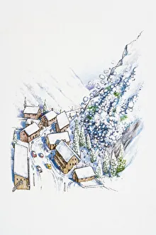 Illustration of avalanche moving down mountains to snow-covered rooftops in valley Illustration of avalanche moving down mountains to snow-covered rooftops in valley
