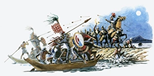 Illustration of Aztec warriors offshore in canoes and Cortez on land throwing spears at each other Illustration of Aztec warriors offshore in canoes and Cortez on land throwing spears at each other