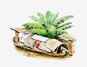 Illustration of Bangkok houseboat with corrugated iron roof
