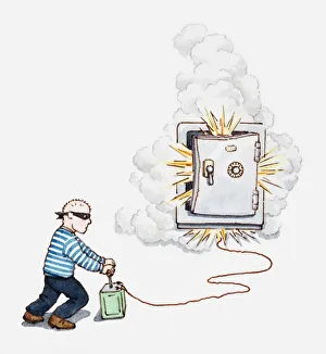 Illustration of bank robber making a safe explode Illustration of bank robber making a safe explode