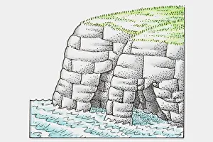 Illustration of base of cliffs worn away by water erosion, forming arches Illustration of base of cliffs worn away by water erosion, forming arches