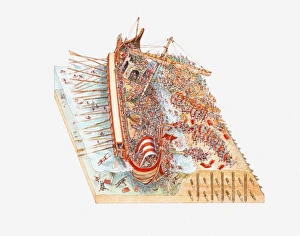 Illustration of battle between Egyptians and Julius Ceasars force causing galley to sink Illustration of battle between Egyptians and Julius Ceasars force causing galley to sink