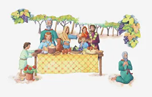 Illustration of a bible scene, Job 1, Job's family feasting at his brother's house Illustration of a bible scene, Job 1, Job's family feasting at his brother's house