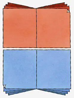 Illustration of blank orange and blue open pages, folded at two corners Illustration of blank orange and blue open pages, folded at two corners