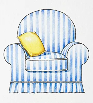 Illustration of blue and white striped armchair and yellow cushion Illustration of blue and white striped armchair and yellow cushion