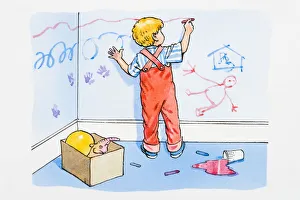 Illustration of boy in messy room scribbling on wall with red crayon, and pink paint spilled on floor behind Illustration of boy in messy room scribbling on wall with red crayon, and pink paint spilled on floor behind