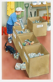Illustration of boy placing newspaper in paper container, various other recycling containers nearby Illustration of boy placing newspaper in paper container, various other recycling containers nearby