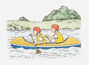 Life Jacket Gallery: Illustration of two boys in a canoe