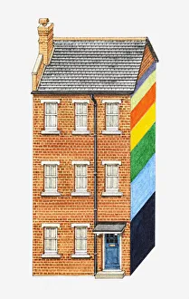 Illustration of brick house with one side painted in a pattern of colourful stripes Illustration of brick house with one side painted in a pattern of colourful stripes