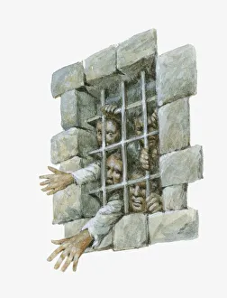 Illustration of British prisoners crowded behind bars Illustration of British prisoners crowded behind bars