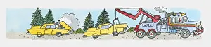 Illustration of broken down car and tow truck towing car Illustration of broken down car and tow truck towing car