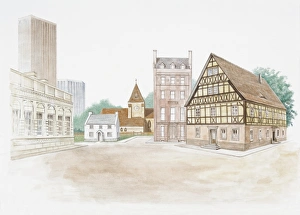 Illustration of buildings built from stone, concrete, and wood Illustration of buildings built from stone, concrete, and wood